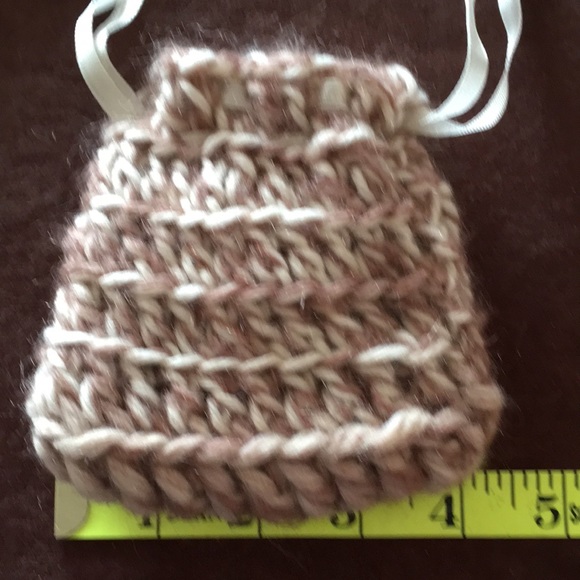 HAND CRAFTED 3 Mini Bags Boho Drawstring Crochet Tan Black Red - Picture 5 of 12